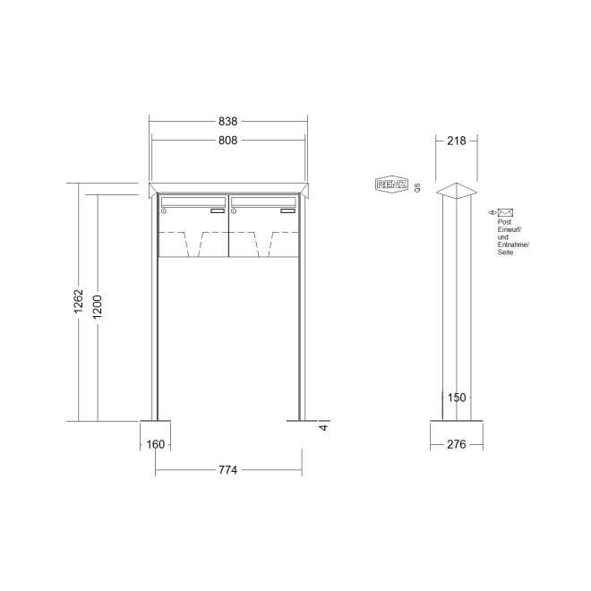 Briefkastenanlage freistehend Renz Prisma 1-6 fach, Sprech - Klingel: ohne Sprech - Klingel, Montageart: zum Aufschrauben, Kastengröße: 370 x 330 x 100mm ( 12 Liter ), Teilnehmer: 2 Teilnehmer, Anlagenfarbe: Edelstahl V4A