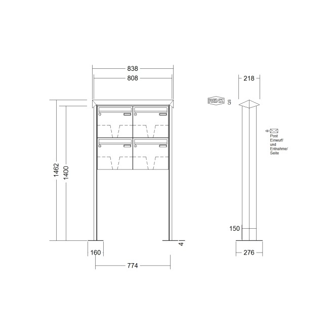 Briefkastenanlage freistehend Renz Prisma 1-6 fach, Sprech - Klingel: ohne Sprech - Klingel, Montageart: zum Aufschrauben, Kastengröße: 370 x 330 x 100mm ( 12 Liter ), Teilnehmer: 4 Teilnehmer, Anlagenfarbe: Edelstahl V4A