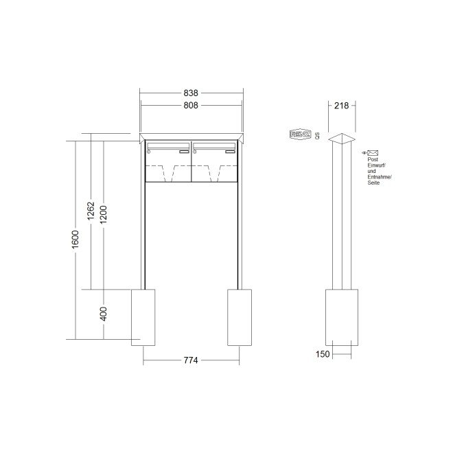 Briefkastenanlage freistehend Renz Prisma 1-6 fach, Sprech - Klingel: ohne Sprech - Klingel, Montageart: zum Einbetonieren, Kastengröße: 370 x 330 x 100mm ( 12 Liter ), Teilnehmer: 2 Teilnehmer, Anlagenfarbe: Standard Farben