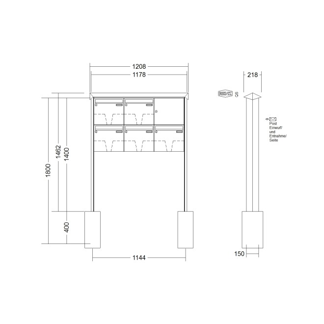 Briefkastenanlage freistehend Renz Prisma 1-6 fach, Sprech - Klingel: ohne Sprech - Klingel, Montageart: zum Einbetonieren, Kastengröße: 370 x 330 x 100mm ( 12 Liter ), Teilnehmer: 5 Teilnehmer, Anlagenfarbe: Standard Farben