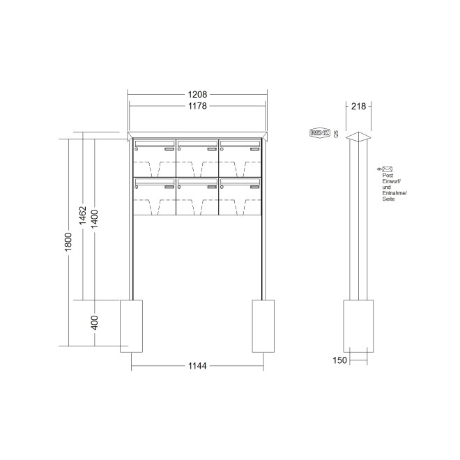 Briefkastenanlage freistehend Renz Prisma 1-6 fach, Sprech - Klingel: ohne Sprech - Klingel, Montageart: zum Einbetonieren, Kastengröße: 370 x 330 x 100mm ( 12 Liter ), Teilnehmer: 6 Teilnehmer, Anlagenfarbe: Edelstahl V4A