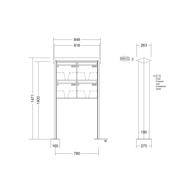 Briefkastenanlage freistehend Renz Prisma 1-6 fach, Sprech - Klingel: ohne Sprech - Klingel, Montageart: zum Aufschrauben, Kastengröße: 370 x 330 x 145mm ( 17 Liter ), Teilnehmer: 4 Teilnehmer, Anlagenfarbe: Edelstahl V4A