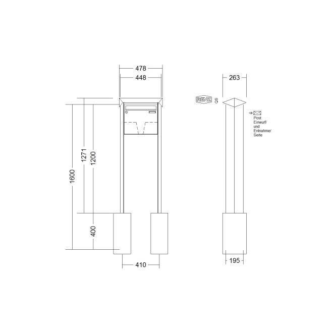 Briefkastenanlage freistehend Renz Prisma 1-6 fach, Sprech - Klingel: ohne Sprech - Klingel, Montageart: zum Einbetonieren, Kastengröße: 370 x 330 x 145mm ( 17 Liter ), Teilnehmer: 1 Teilnehmer, Anlagenfarbe: Standard Farben