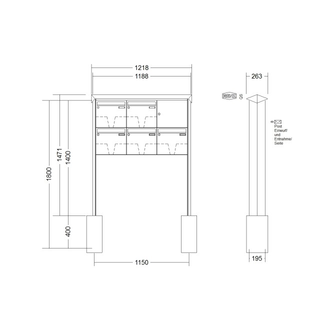 Briefkastenanlage freistehend Renz Prisma 1-6 fach, Sprech - Klingel: ohne Sprech - Klingel, Montageart: zum Einbetonieren, Kastengröße: 370 x 330 x 145mm ( 17 Liter ), Teilnehmer: 5 Teilnehmer, Anlagenfarbe: Standard Farben