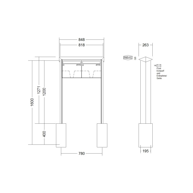 Briefkastenanlage freistehend Renz Prisma 1-6 fach, Sprech - Klingel: ohne Sprech - Klingel, Montageart: zum Einbetonieren, Kastengröße: 370 x 330 x 145mm ( 17 Liter ), Teilnehmer: 2 Teilnehmer, Anlagenfarbe: Edelstahl V4A