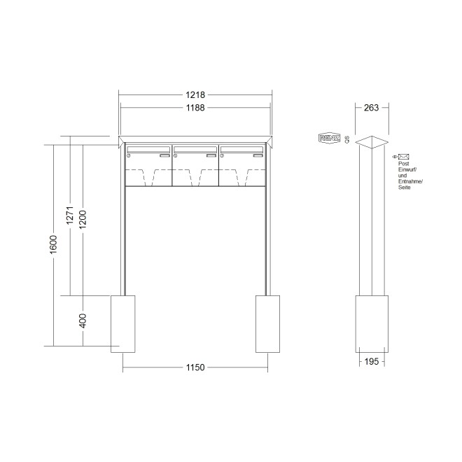 Briefkastenanlage freistehend Renz Prisma 1-6 fach, Sprech - Klingel: ohne Sprech - Klingel, Montageart: zum Einbetonieren, Kastengröße: 370 x 330 x 145mm ( 17 Liter ), Teilnehmer: 3 Teilnehmer, Anlagenfarbe: Edelstahl V4A