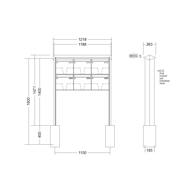 Briefkastenanlage freistehend Renz Prisma 1-6 fach, Sprech - Klingel: ohne Sprech - Klingel, Montageart: zum Einbetonieren, Kastengröße: 370 x 330 x 145mm ( 17 Liter ), Teilnehmer: 6 Teilnehmer, Anlagenfarbe: Edelstahl V4A