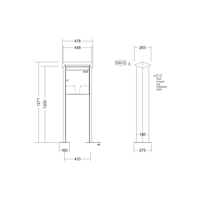 Briefkastenanlage freistehend Renz Prisma 1-6 fach, Sprech - Klingel: ohne Sprech - Klingel, Montageart: zum Aufschrauben, Kastengröße: 370 x 440 x 145mm ( 23 Liter ), Teilnehmer: 1 Teilnehmer, Anlagenfarbe: Standard Farben
