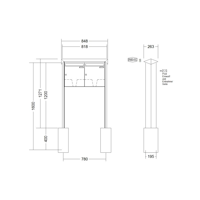 Briefkastenanlage freistehend Renz Prisma 1-6 fach, Sprech - Klingel: ohne Sprech - Klingel, Montageart: zum Einbetonieren, Kastengröße: 370 x 440 x 145mm ( 23 Liter ), Teilnehmer: 2 Teilnehmer, Anlagenfarbe: Standard Farben