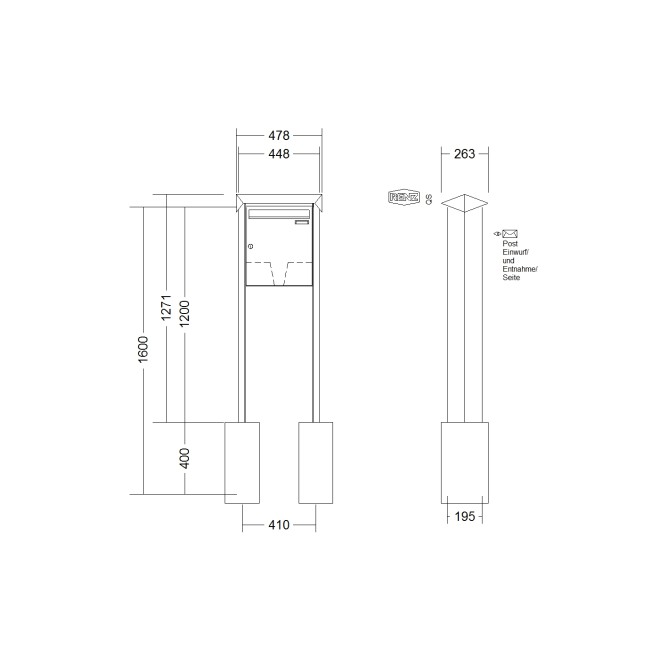Briefkastenanlage freistehend Renz Prisma 1-6 fach, Sprech - Klingel: ohne Sprech - Klingel, Montageart: zum Einbetonieren, Kastengröße: 370 x 440 x 145mm ( 23 Liter ), Teilnehmer: 1 Teilnehmer, Anlagenfarbe: Edelstahl V4A