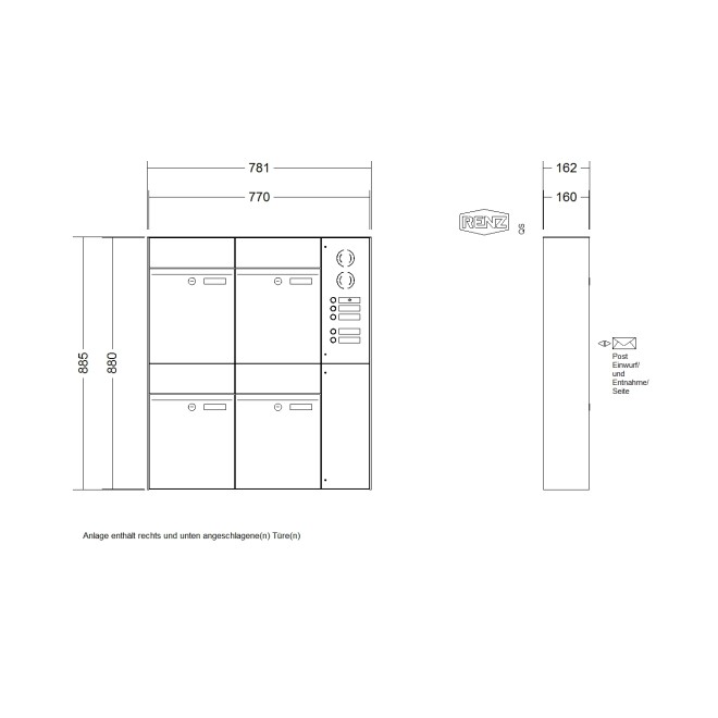 Briefkastenanlage Aufputz Renz Plan 1-6 fach, Sprech - Klingel: mit Sprech Klingel, Kastengröße: 300 x 440 x 160mm ( 21 Liter ), Teilnehmer: 4 Teilnehmer, Anlagenfarbe: Edelstahl V4A
