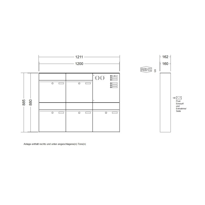 Briefkastenanlage Aufputz Renz Plan 1-6 fach, Sprech - Klingel: mit Sprech Klingel, Kastengröße: 400 x 440 x 160mm ( 28 Liter ), Teilnehmer: 5 Teilnehmer, Anlagenfarbe: Standard Farben