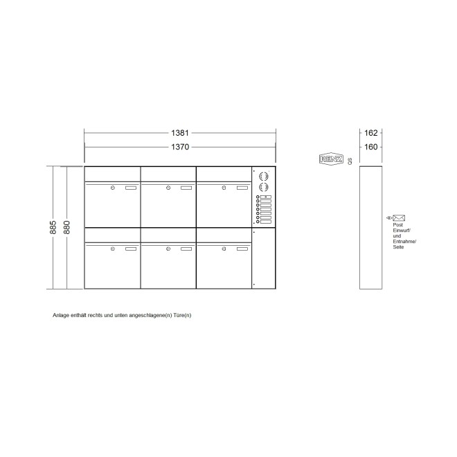 Briefkastenanlage Aufputz Renz Plan 1-6 fach, Sprech - Klingel: mit Sprech Klingel, Kastengröße: 400 x 440 x 160mm ( 28 Liter ), Teilnehmer: 6 Teilnehmer, Anlagenfarbe: Standard Farben