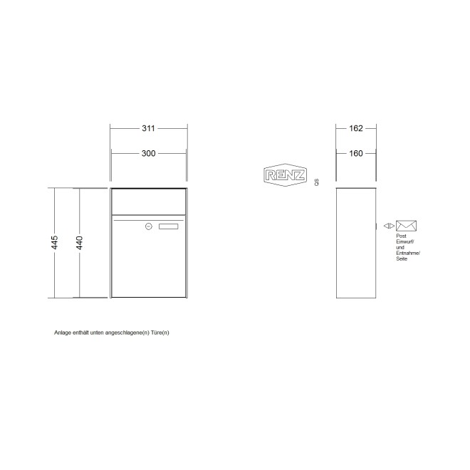 Briefkastenanlage Aufputz Renz Plan 1-6 fach, Sprech - Klingel: ohne Sprech - Klingel, Kastengröße: 300 x 440 x 160mm ( 21 Liter ), Teilnehmer: 1 Teilnehmer, Anlagenfarbe: Edelstahl V4A