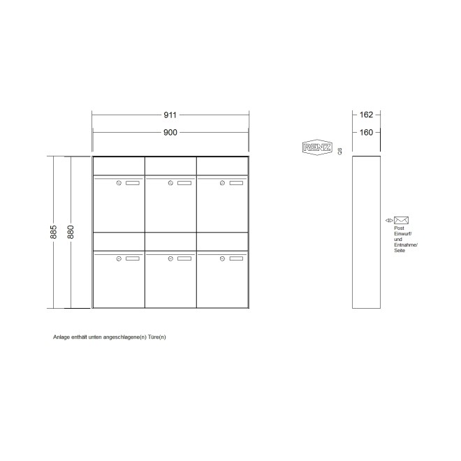 Briefkastenanlage Aufputz Renz Plan 1-6 fach, Sprech - Klingel: ohne Sprech - Klingel, Kastengröße: 300 x 440 x 160mm ( 21 Liter ), Teilnehmer: 6 Teilnehmer, Anlagenfarbe: Standard Farben
