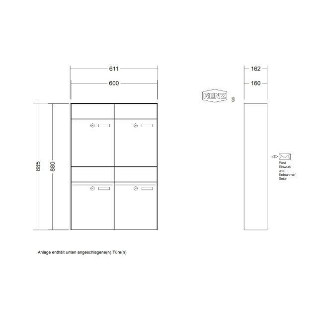 Briefkastenanlage Aufputz Renz Plan 1-6 fach, Sprech - Klingel: ohne Sprech - Klingel, Kastengröße: 300 x 440 x 160mm ( 21 Liter ), Teilnehmer: 4 Teilnehmer, Anlagenfarbe: Edelstahl V4A