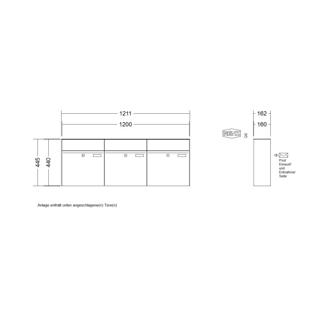 Briefkastenanlage Aufputz Renz Plan 1-6 fach, Sprech - Klingel: ohne Sprech - Klingel, Kastengröße: 400 x 440 x 160mm ( 28 Liter ), Teilnehmer: 3 Teilnehmer, Anlagenfarbe: Standard Farben