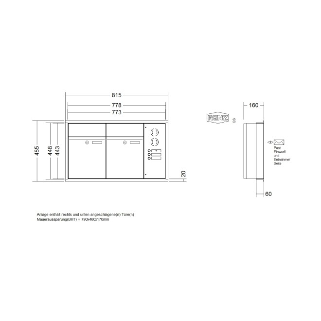 Briefkastenanlage Unterputz Renz Plan 1-6 fach, Sprech - Klingel: mit Sprech Klingel, Kastengröße: 300 x 440 x 160mm ( 21 Liter ), Teilnehmer: 2 Teilnehmer, Anlagenfarbe: Edelstahl V4A