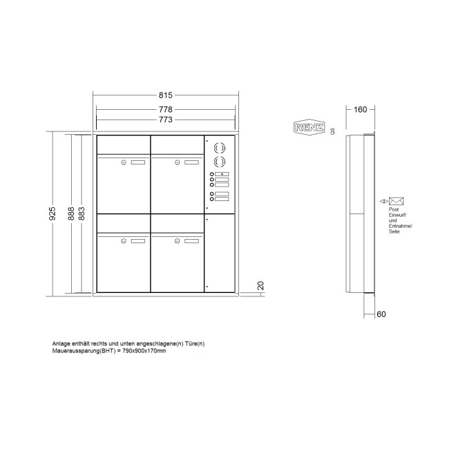 Briefkastenanlage Unterputz Renz Plan 1-6 fach, Sprech - Klingel: mit Sprech Klingel, Kastengröße: 300 x 440 x 160mm ( 21 Liter ), Teilnehmer: 4 Teilnehmer, Anlagenfarbe: Standard Farben