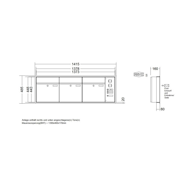 Briefkastenanlage Unterputz Renz Plan 1-6 fach, Sprech - Klingel: mit Sprech Klingel, Kastengröße: 400 x 440 x 160mm ( 28 Liter ), Teilnehmer: 3 Teilnehmer, Anlagenfarbe: Edelstahl V4A
