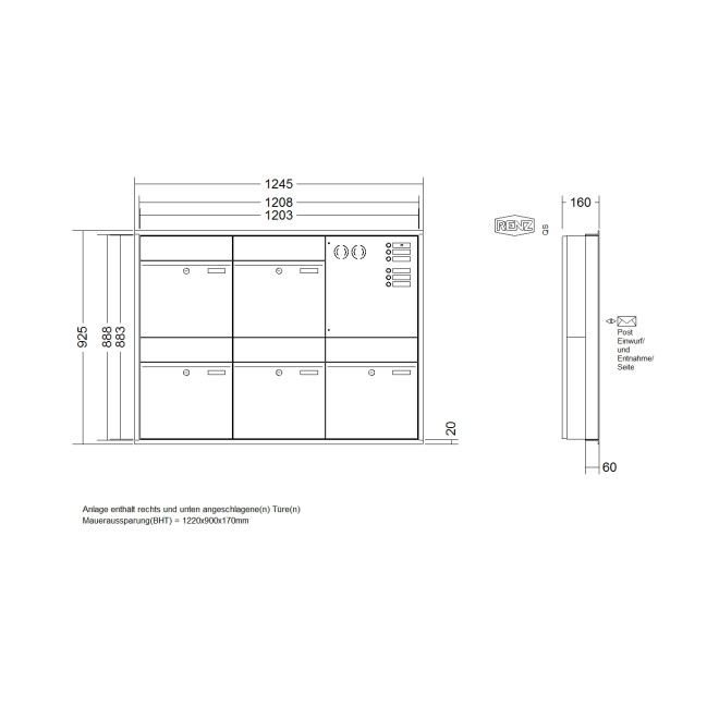 Briefkastenanlage Unterputz Renz Plan 1-6 fach, Sprech - Klingel: mit Sprech Klingel, Kastengröße: 400 x 440 x 160mm ( 28 Liter ), Teilnehmer: 5 Teilnehmer, Anlagenfarbe: Edelstahl V4A