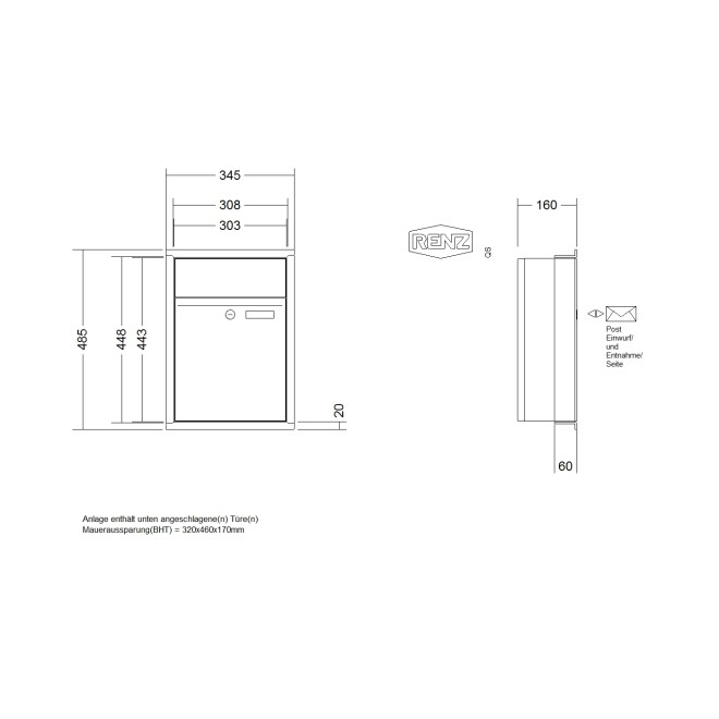Briefkastenanlage Unterputz Renz Plan 1-6 fach, Sprech - Klingel: ohne Sprech - Klingel, Kastengröße: 300 x 440 x 160mm ( 21 Liter ), Teilnehmer: 1 Teilnehmer, Anlagenfarbe: Standard Farben