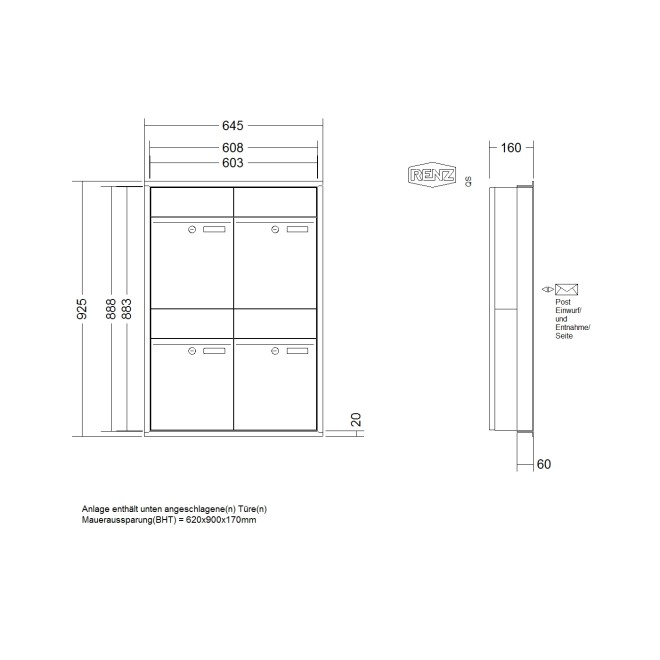 Briefkastenanlage Unterputz Renz Plan 1-6 fach, Sprech - Klingel: ohne Sprech - Klingel, Kastengröße: 300 x 440 x 160mm ( 21 Liter ), Teilnehmer: 4 Teilnehmer, Anlagenfarbe: Standard Farben