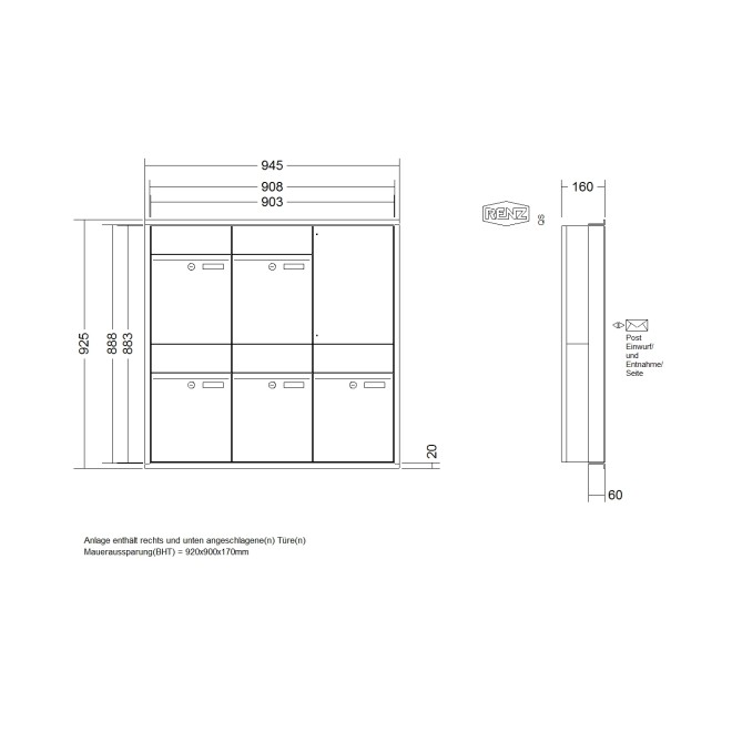 Briefkastenanlage Unterputz Renz Plan 1-6 fach, Sprech - Klingel: ohne Sprech - Klingel, Kastengröße: 300 x 440 x 160mm ( 21 Liter ), Teilnehmer: 5 Teilnehmer, Anlagenfarbe: Standard Farben
