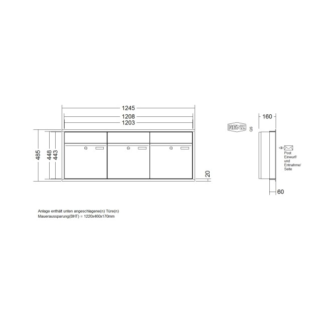 Briefkastenanlage Unterputz Renz Plan 1-6 fach, Sprech - Klingel: ohne Sprech - Klingel, Kastengröße: 400 x 440 x 160mm ( 28 Liter ), Teilnehmer: 3 Teilnehmer, Anlagenfarbe: Edelstahl V4A