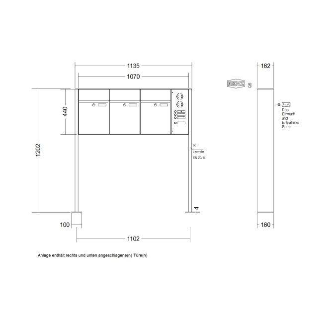 Briefkastenanlage freistehend Renz Plan 1-6 fach, Sprech - Klingel: mit Sprech Klingel, Montageart: zum Aufschrauben, Kastengröße: 300 x 440 x 160mm ( 21 Liter ), Teilnehmer: 3 Teilnehmer, Anlagenfarbe: Standard Farben