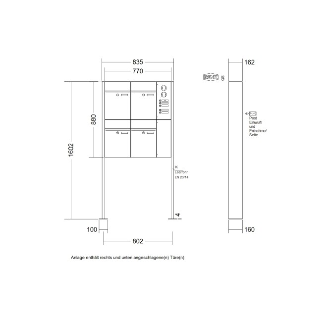 Briefkastenanlage freistehend Renz Plan 1-6 fach, Sprech - Klingel: mit Sprech Klingel, Montageart: zum Aufschrauben, Kastengröße: 300 x 440 x 160mm ( 21 Liter ), Teilnehmer: 4 Teilnehmer, Anlagenfarbe: Standard Farben