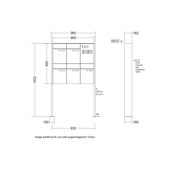 Briefkastenanlage freistehend Renz Plan 1-6 fach, Sprech - Klingel: mit Sprech Klingel, Montageart: zum Aufschrauben, Kastengröße: 300 x 440 x 160mm ( 21 Liter ), Teilnehmer: 5 Teilnehmer, Anlagenfarbe: Standard Farben