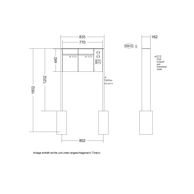 Briefkastenanlage freistehend Renz Plan 1-6 fach, Sprech - Klingel: mit Sprech Klingel, Montageart: zum Einbetonieren, Kastengröße: 300 x 440 x 160mm ( 21 Liter ), Teilnehmer: 2 Teilnehmer, Anlagenfarbe: Standard Farben