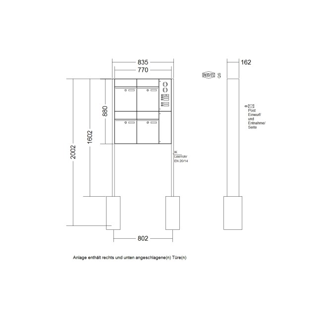 Briefkastenanlage freistehend Renz Plan 1-6 fach, Sprech - Klingel: mit Sprech Klingel, Montageart: zum Einbetonieren, Kastengröße: 300 x 440 x 160mm ( 21 Liter ), Teilnehmer: 4 Teilnehmer, Anlagenfarbe: Edelstahl V4A