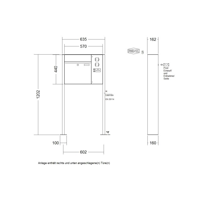 Briefkastenanlage freistehend Renz Plan 1-6 fach, Sprech - Klingel: mit Sprech Klingel, Montageart: zum Aufschrauben, Kastengröße: 400 x 440 x 160mm ( 28 Liter ), Teilnehmer: 1 Teilnehmer, Anlagenfarbe: Standard Farben
