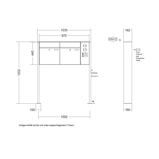 Briefkastenanlage freistehend Renz Plan 1-6 fach, Sprech - Klingel: mit Sprech Klingel, Montageart: zum Aufschrauben, Kastengröße: 400 x 440 x 160mm ( 28 Liter ), Teilnehmer: 2 Teilnehmer, Anlagenfarbe: Standard Farben