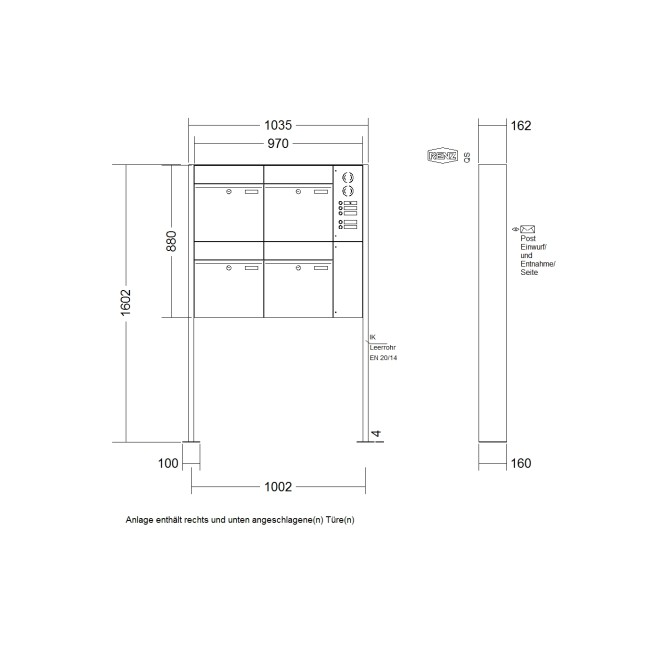 Briefkastenanlage freistehend Renz Plan 1-6 fach, Sprech - Klingel: mit Sprech Klingel, Montageart: zum Aufschrauben, Kastengröße: 400 x 440 x 160mm ( 28 Liter ), Teilnehmer: 4 Teilnehmer, Anlagenfarbe: Standard Farben