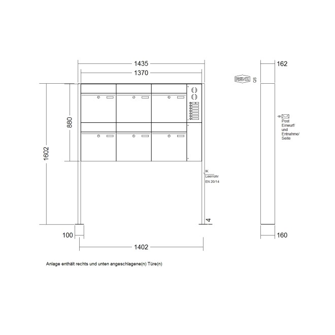 Briefkastenanlage freistehend Renz Plan 1-6 fach, Sprech - Klingel: mit Sprech Klingel, Montageart: zum Aufschrauben, Kastengröße: 400 x 440 x 160mm ( 28 Liter ), Teilnehmer: 6 Teilnehmer, Anlagenfarbe: Standard Farben
