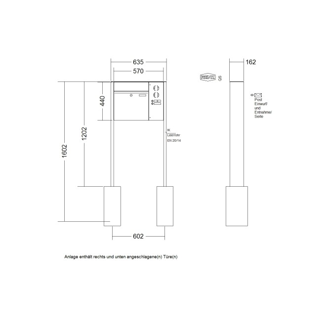 Briefkastenanlage freistehend Renz Plan 1-6 fach, Sprech - Klingel: mit Sprech Klingel, Montageart: zum Einbetonieren, Kastengröße: 400 x 440 x 160mm ( 28 Liter ), Teilnehmer: 1 Teilnehmer, Anlagenfarbe: Edelstahl V4A