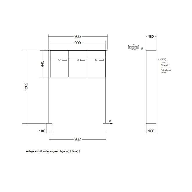 Briefkastenanlage freistehend Renz Plan 1-6 fach, Sprech - Klingel: ohne Sprech - Klingel, Montageart: zum Aufschrauben, Kastengröße: 300 x 440 x 160mm ( 21 Liter ), Teilnehmer: 3 Teilnehmer, Anlagenfarbe: Edelstahl V4A