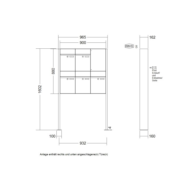 Briefkastenanlage freistehend Renz Plan 1-6 fach, Sprech - Klingel: ohne Sprech - Klingel, Montageart: zum Aufschrauben, Kastengröße: 300 x 440 x 160mm ( 21 Liter ), Teilnehmer: 5 Teilnehmer, Anlagenfarbe: Standard Farben