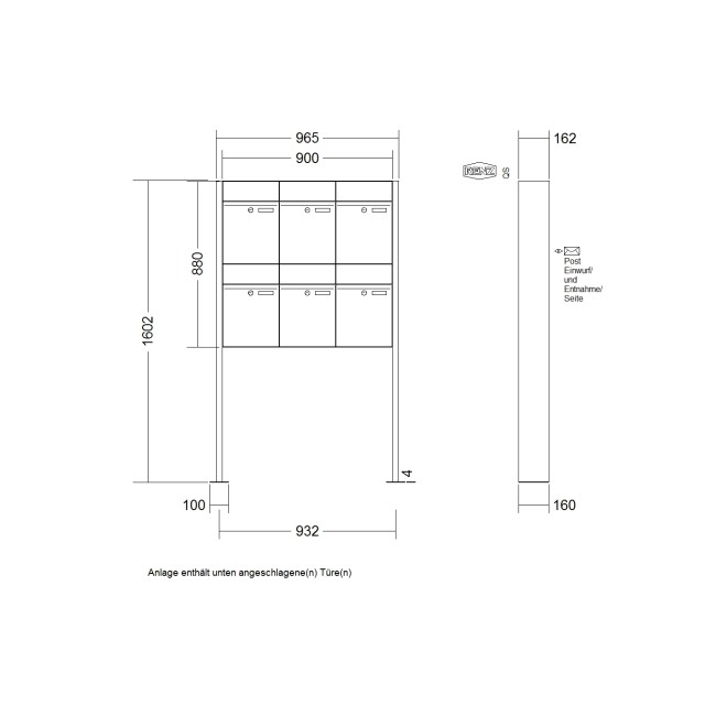 Briefkastenanlage freistehend Renz Plan 1-6 fach, Sprech - Klingel: ohne Sprech - Klingel, Montageart: zum Aufschrauben, Kastengröße: 300 x 440 x 160mm ( 21 Liter ), Teilnehmer: 6 Teilnehmer, Anlagenfarbe: Standard Farben