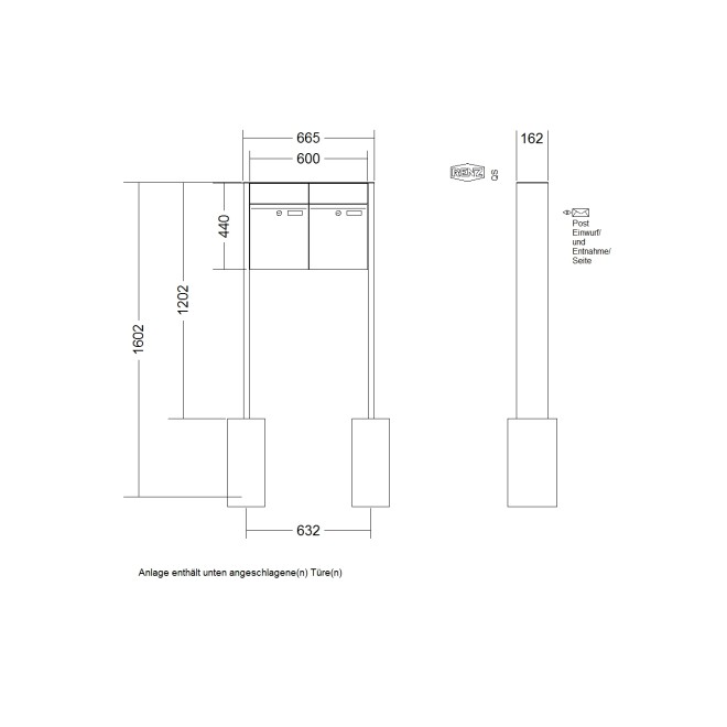 Briefkastenanlage freistehend Renz Plan 1-6 fach, Sprech - Klingel: ohne Sprech - Klingel, Montageart: zum Einbetonieren, Kastengröße: 300 x 440 x 160mm ( 21 Liter ), Teilnehmer: 2 Teilnehmer, Anlagenfarbe: Standard Farben