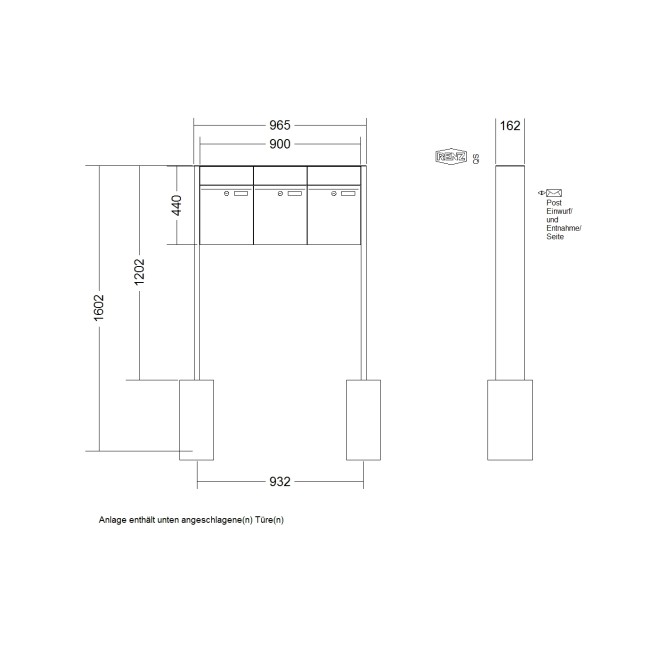 Briefkastenanlage freistehend Renz Plan 1-6 fach, Sprech - Klingel: ohne Sprech - Klingel, Montageart: zum Einbetonieren, Kastengröße: 300 x 440 x 160mm ( 21 Liter ), Teilnehmer: 3 Teilnehmer, Anlagenfarbe: Standard Farben
