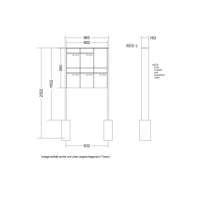 Briefkastenanlage freistehend Renz Plan 1-6 fach, Sprech - Klingel: ohne Sprech - Klingel, Montageart: zum Einbetonieren, Kastengröße: 300 x 440 x 160mm ( 21 Liter ), Teilnehmer: 5 Teilnehmer, Anlagenfarbe: Standard Farben