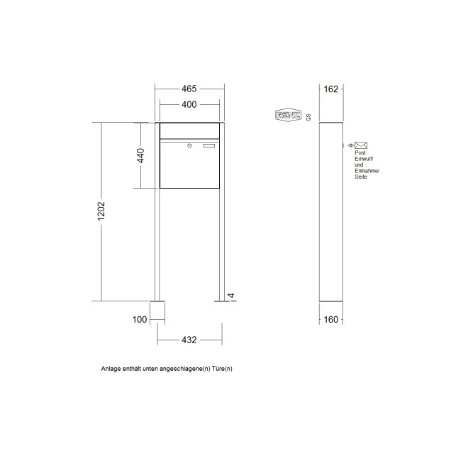 Briefkastenanlage freistehend Renz Plan 1-6 fach, Sprech - Klingel: ohne Sprech - Klingel, Montageart: zum Aufschrauben, Kastengröße: 400 x 440 x 160mm ( 28 Liter ), Teilnehmer: 1 Teilnehmer, Anlagenfarbe: Standard Farben