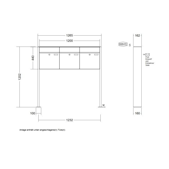 Briefkastenanlage freistehend Renz Plan 1-6 fach, Sprech - Klingel: ohne Sprech - Klingel, Montageart: zum Aufschrauben, Kastengröße: 400 x 440 x 160mm ( 28 Liter ), Teilnehmer: 3 Teilnehmer, Anlagenfarbe: Standard Farben