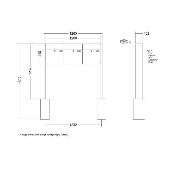 Briefkastenanlage freistehend Renz Plan 1-6 fach, Sprech - Klingel: ohne Sprech - Klingel, Montageart: zum Einbetonieren, Kastengröße: 400 x 440 x 160mm ( 28 Liter ), Teilnehmer: 3 Teilnehmer, Anlagenfarbe: Standard Farben