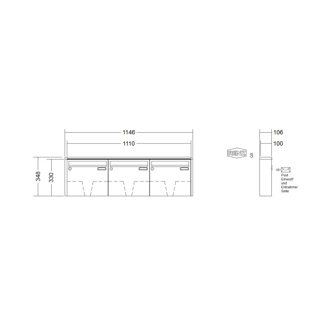 Briefkastenanlage Aufputz Renz Quadra 1-6 fach, Sprech - Klingel: ohne Sprech - Klingel, Kastengröße: 370 x 330 x 100mm ( 12 Liter ), Teilnehmer: 3 Teilnehmer, Anlagenfarbe: Standard Farben