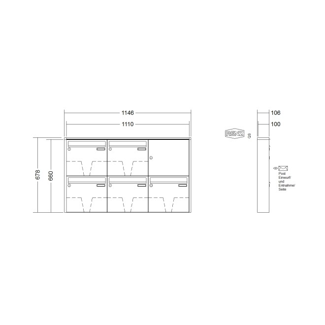 Briefkastenanlage Aufputz Renz Quadra 1-6 fach, Sprech - Klingel: ohne Sprech - Klingel, Kastengröße: 370 x 330 x 100mm ( 12 Liter ), Teilnehmer: 5 Teilnehmer, Anlagenfarbe: Standard Farben